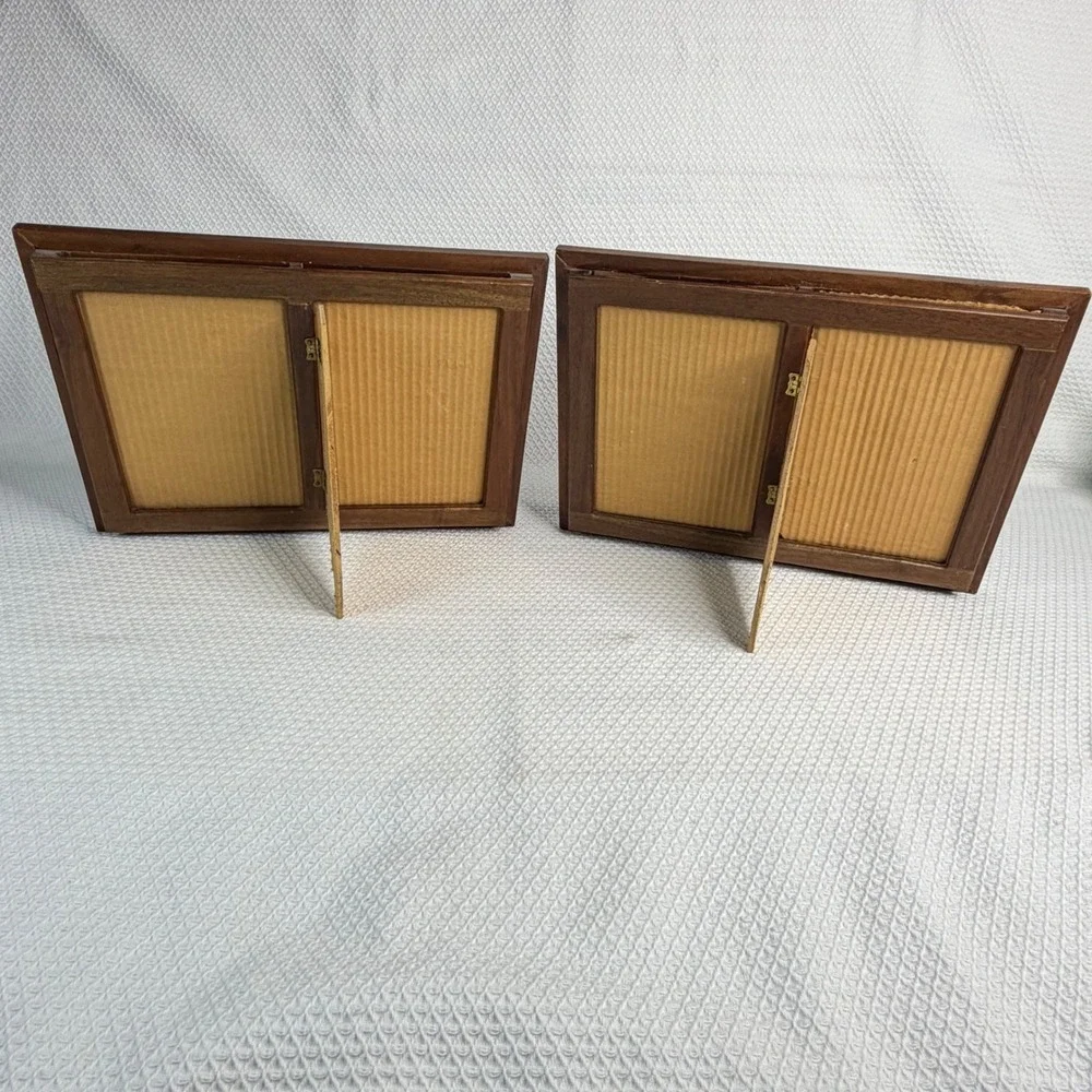 VTG 90s Handcrafted Wooden Double Picture Frames 5x7 Set of 2 Brown Wood Details